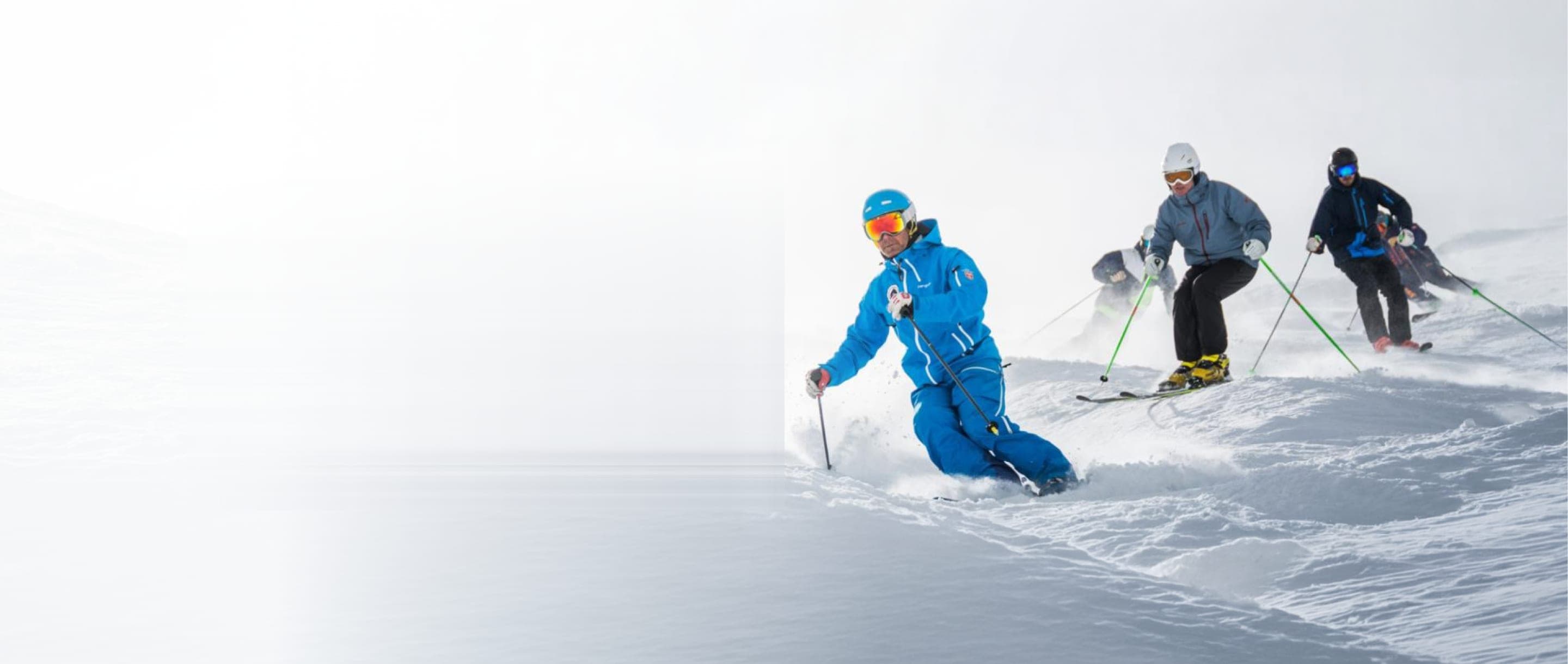 Placeholder: ski instructor and group carving through fresh snow